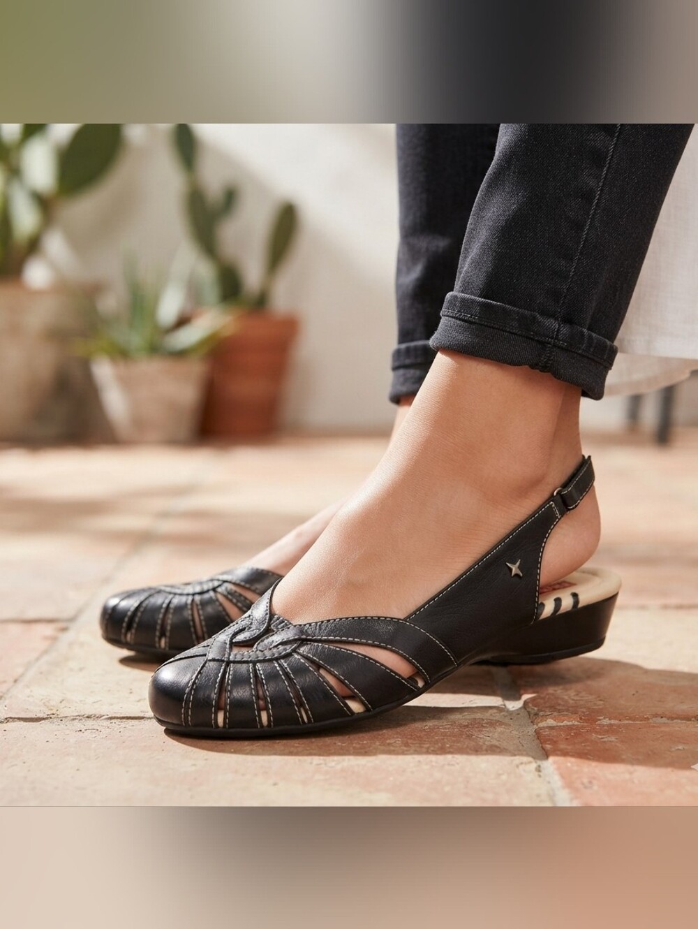 Pikolinos Black Leather Slingback Flats EU 41 US 10 Comfort Shoes Contrast Stitc